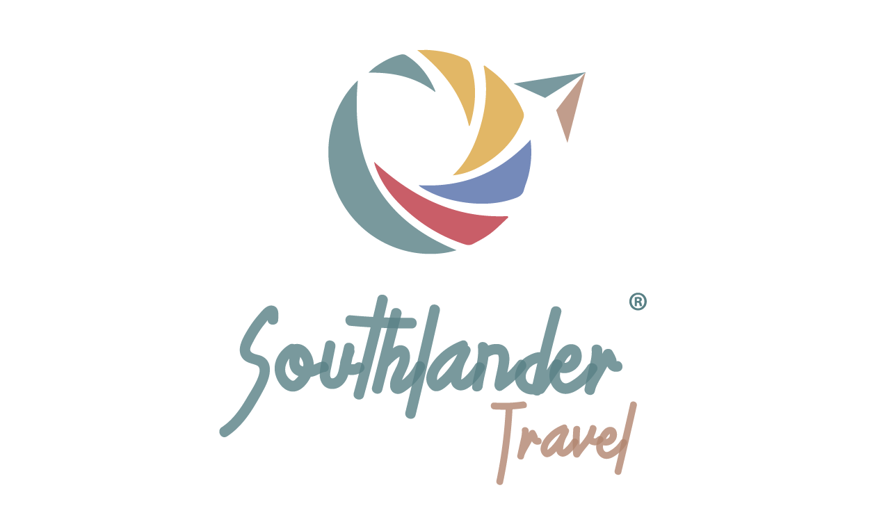 A blue, gold, yellow, blue and red, logo for Southlander Travel travel agency by Southlander, Wholesale Flowers Near Me and Bulk Organic Food Produce Distributors.
